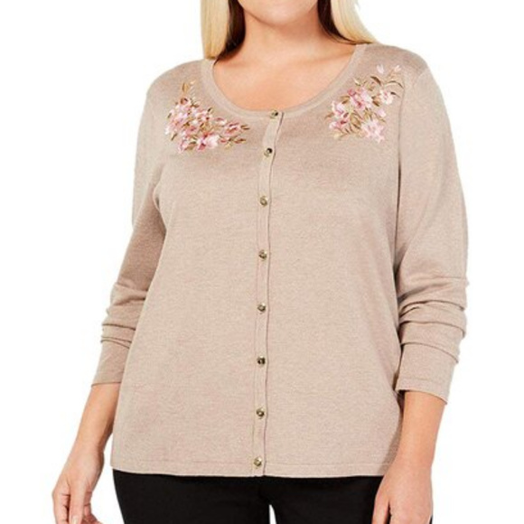 Karen Scott Plus Size Flower Embroidered Cardigan - Picture 2 of 2